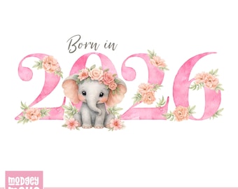 Elefante rosa PNG, diseño de sublimación de recién nacido, diseño de sublimación de elefante, elefante bebé floral (descarga digital)