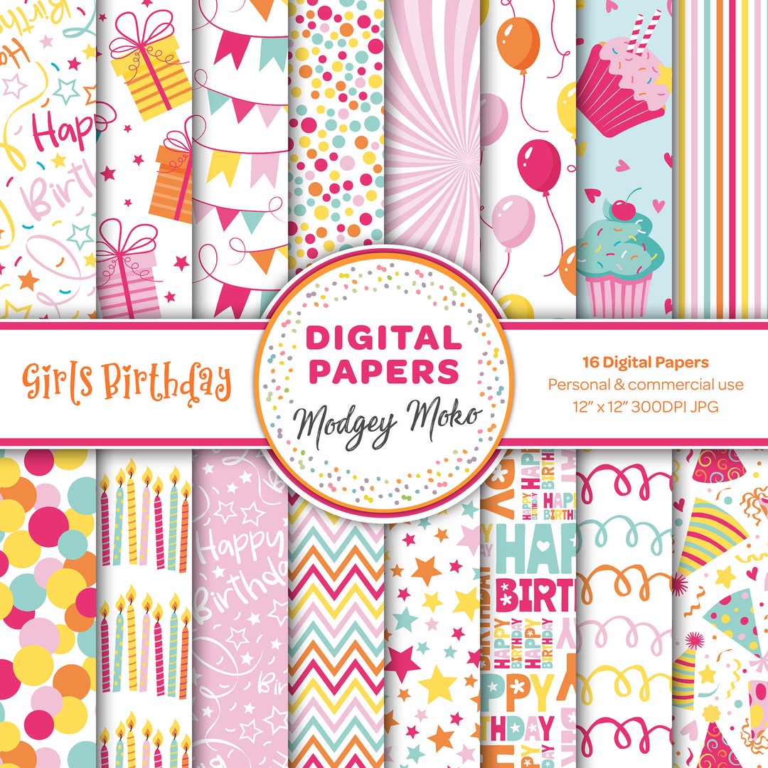 Birthday Digital Papers, Seamless Party Designs, Pink Birthday ...