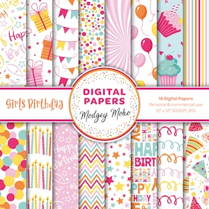 Digitale Geburtstagspapiere, nahtlose Partydesigns, rosa druckbare Geburtstagspapiere, Geburtstagspapiere, Cupcakes und Kerzen.