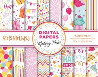 May include: A set of 16 digital papers featuring various birthday themes, including candles, balloons, confetti, stars, and cupcakes. The papers are in pink, yellow, blue, and white. The text "Girls Birthday" and "Digital Papers" is included in the image.