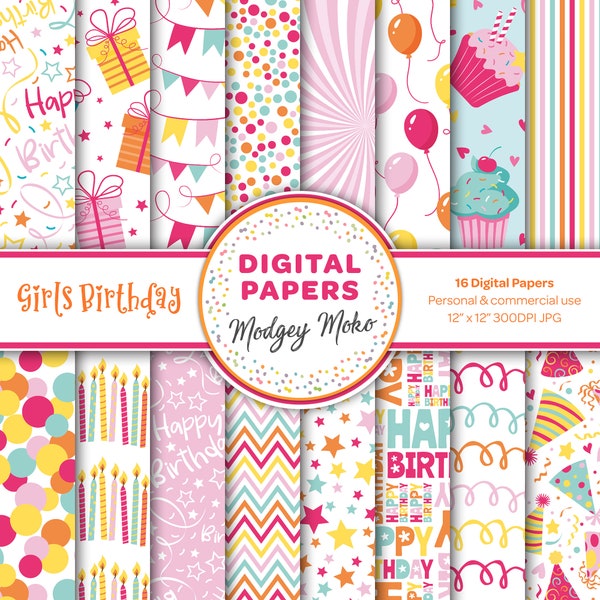 Birthday Digital Papers, Seamless Party Designs, Pink Birthday Printable Papers, Birthday designs, Celebration Papers, Cupcakes and Candles.