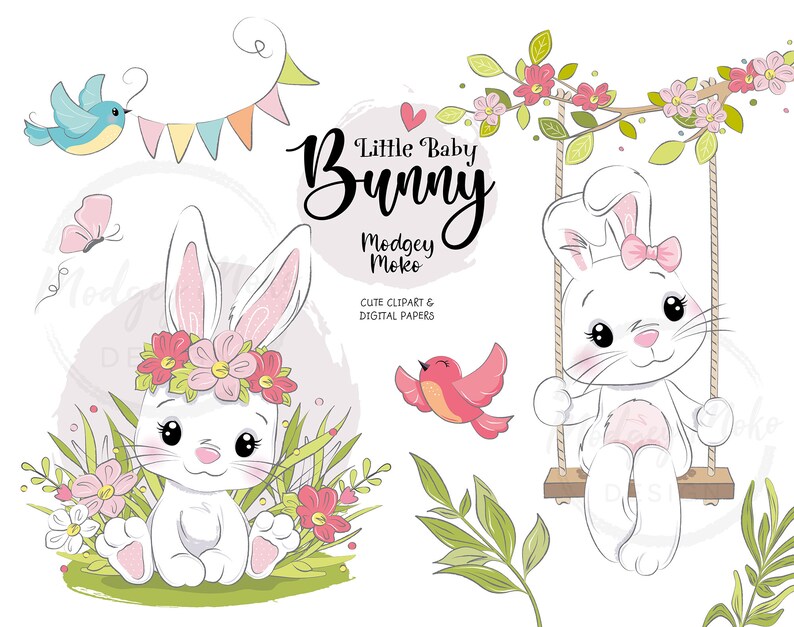 May include: Two illustrations of a white bunny with pink accents. One bunny is sitting on a swing with a pink bow. The other bunny is sitting in a field of flowers with a pink flower crown. The text "Little Baby Bunny" is written in black cursive.