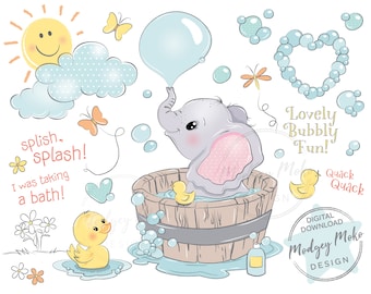 Baby Elephant in bath tub with little duckling CLIPART PNG. Blowing bubbles, butterflies, flowers, clouds, sunshine and rubber duck.