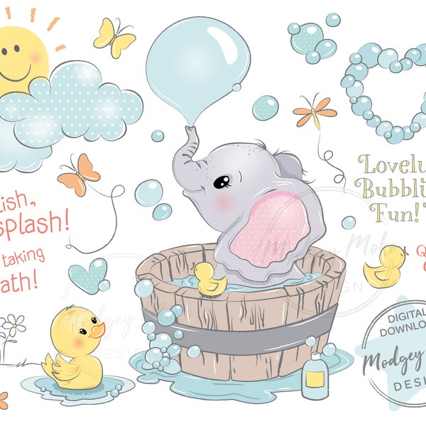 Bébé éléphant dans la baignoire avec petit caneton CLIPART PNG. Bulles soufflantes, papillons, fleurs, nuages, soleil et canard en caoutchouc.