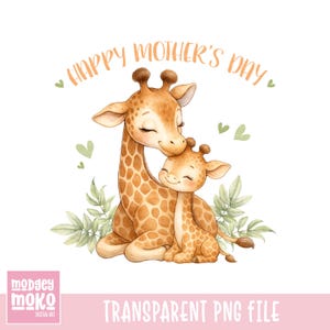Puede incluir: Ilustración en acuarela de una jirafa madre y su bebé, con el texto "Happy Mother's Day" en naranja. Las jirafas son marrones con manchas, rodeadas de hojas y corazones verdes. La parte inferior de la imagen dice "Transparent PNG File".