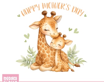 Imágenes prediseñadas de jirafas para el Día de la Madre, mamá y bebé jirafa PNG, diseño de jirafa para sublimación, Día de la Madre con motivos florales (descarga digital).