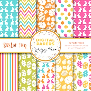 Bright Fun Easter Digital Printable Papers, Bunte Muster in rosa, gelb, orange, blau und grün.