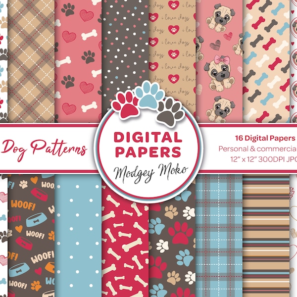 Puppy Dog Printable Papers, Dog digital papers, Cute Pug Dog Digital Backgrounds, Paws pattern papers, invites, card making and crafts.