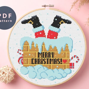 Cross Stitch Pattern Santa In The Chimney, Funny Cross Stitch Pattern, Cross Stitch Pattern Pdf, Jam Cross Stitch