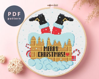 Patrón de punto de cruz de Papá Noel en la chimenea: Diseño navideño divertido (patrón PDF)