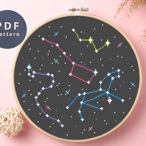 クロスステッチパターン 星座、銀河、宇宙の星、無限の空間、宇宙ファンタジー、宇宙ロケット、月と星、宇宙飛行士