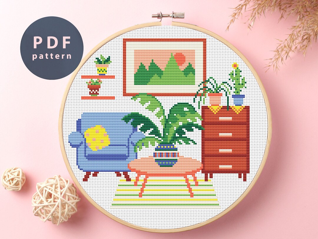 Cross Stitch Pattern Blue Chair, Gift for Her, Interior Design, Home ...