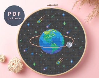 Wzór haftu krzyżykowego Ziemia i Księżyc: Kosmiczna Fantazja Galaktyki (wzór PDF)