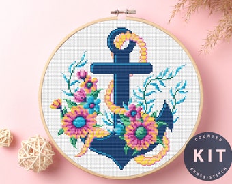 Zestaw do haftu krzyżykowego „Kwiatowa kotwica”: motyw morski, haft DIY