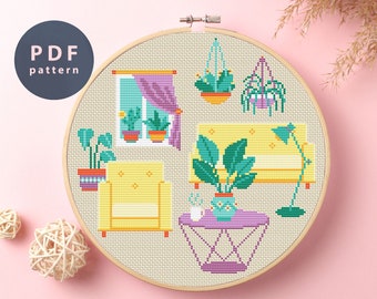 Yellow Sofa Cross Stitch Pattern: Home Decor Plants (PDF Pattern)