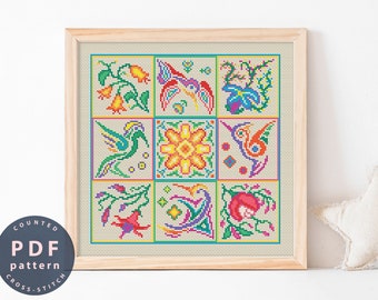 Patrón de punto de cruz moderno: Pájaros y flores (descarga digital)