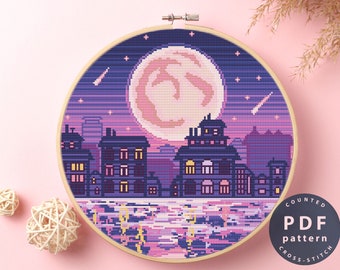 Moonlight Night Cross Stitch Pattern: DIY Home Decor (PDF)