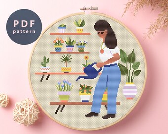 Patrón de punto de cruz "Niña con plantas": Bordado moderno (Patrón PDF)