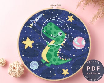 Kruissteekpatroon dinosaurus in de ruimte: Galaxy-thema (digitale download)