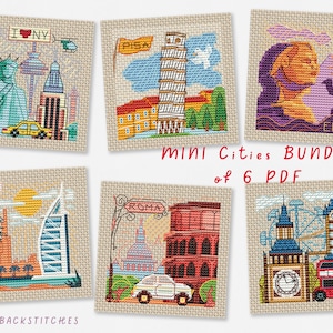 Mini City Cross Stitch Pattern Bundle of 6th pieces - New York, Roma, Pisa, Giza, London, Dubai, Cross Stitch PDF, Cross Stitch Counted