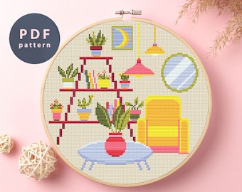Yellow Chair Cross Stitch Pattern: Retro Room Interior (PDF Pattern)