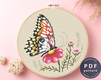 Patrón de punto de cruz de corona floral de mariposa: Diseño moderno y sencillo (patrón PDF)