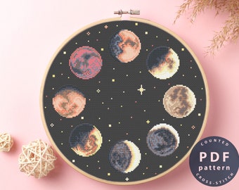 Moon Phases Cross Stitch Pattern: Modern Beginner Embroidery (PDF Pattern) #EMX319