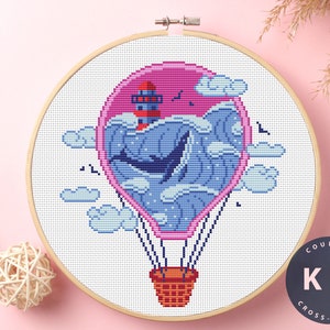 Kit de ponto cruz de balão de ar | Artesanato DIY para adultos | Presente de aniversário | Ponto Cruz Fofo | Ponto Cruz Boho | Padrão de baleia