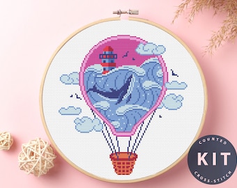 Zestaw do haftu krzyżykowego: balon wieloryb: rękodzieło z muliną DMC