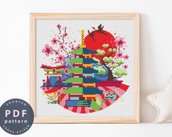 May include: A counted cross stitch pattern featuring a Japanese pagoda, cherry blossoms, a red sun, and a green bird. The pattern is in a circular shape and is surrounded by a white background.