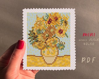 Mini Cross Stitch PDF Pattern Vincent Van Gogh Sunflowers | Beginner Embroidery | Cross Stitch PDF | Cross Stitch Counted #EMX476