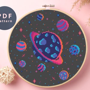 Galexy Cross Stitch Pattern | Neon Planets | Cozy Space | Cosmic |  Space Fantasy | Infinite Space | Spaceship