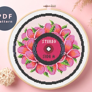 Floral Vinyl Record Cross Stitch Pattern: DIY Music Lover Gift (PDF Pattern)