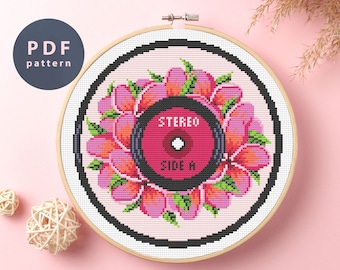 Florales Kreuzstichmuster für Schallplatten: Musikliebhaber Geschenk (PDF-Muster)