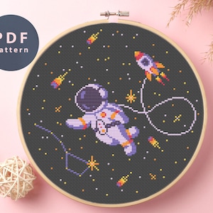 Può includere: Uno schema di punto croce con un astronauta che galleggia nello spazio con un razzo e stelle. Lo schema è in uno schema di colori bianco e nero con accenti di arancione, giallo e viola.