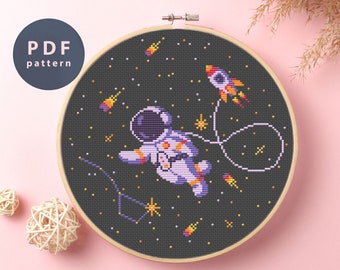Wzór haftu krzyżykowego: astronauta: rakieta kosmiczna, księżyc i gwiazdy (wzór PDF)