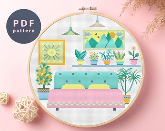 Wzór haftu krzyżykowego „Sweet Place”: Wnętrze pokoju w stylu retro (wzór PDF)