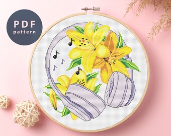 Kopfhörer & Lilie Kreuzstichmuster: Modernes abstraktes Design (PDF-Muster)