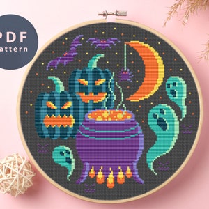 Halloween Potion Cross Stitch Pattern: Pumpkin, Ghosts (PDF Pattern)