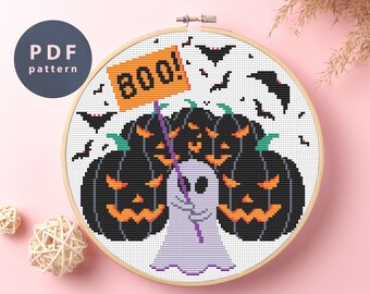 Patrón de punto de cruz de Halloween Jacks: Fantasma y calabazas (patrón PDF)