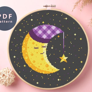 Cross Stitch Pattern Sleeping Moon, Wide Space, Space Star, Space, Space Rocket, Space Fantasy, Moon And Stars, Solar System