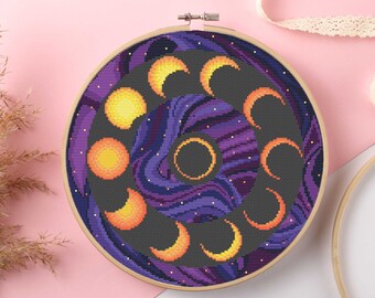 Wzór haftu krzyżykowego „Fazy księżyca”: Nowoczesny wzór dla początkujących (wzór PDF)