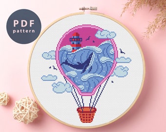 Wzór haftu krzyżykowego: balon na ogrzane powietrze: dziecięca kreskówka (wzór PDF)