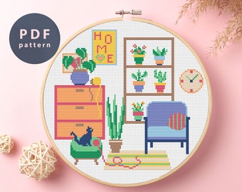 May include: Cross stitch pattern featuring a living room with a couch, a dresser, a clock, plants, and a cat. The pattern includes the words "Home" and "Love" on a sign.