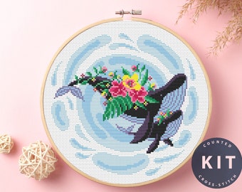 Zestaw do haftu krzyżykowego: Mama i dziecko wieloryba: haft kwiatowy i fantazyjny
