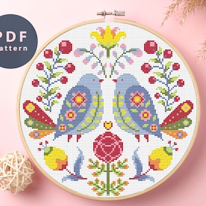 Motif de point de croix oiseaux | Ornement folklorique | Téléchargement numérique | Cadeau pour grand-mère | Décoration d'intérieur | Modèle de point de croix fleurs folkloriques