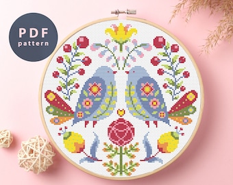 Birds Cross Stitch Pattern: Folk Art Ornament (Digital Download)
