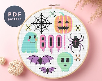 Patrón de punto de cruz para gato de Halloween, guía DIY de Boo (patrón PDF)