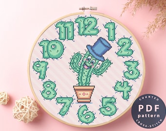 Cactus Clock Cross Stitch Pattern: Beginner Needlepoint (Digital Download)