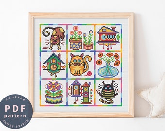 Wzór haftu krzyżykowego „Koty ludowe”: Fantazyjna dekoracja jesienna (wzór PDF)